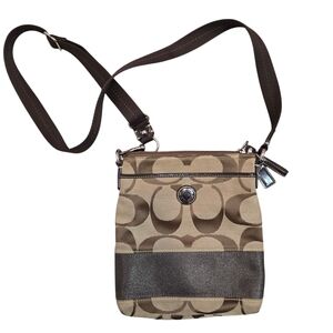 Coach Khaki and Brown Jacquard Signature Swingpack Crossbody Bag